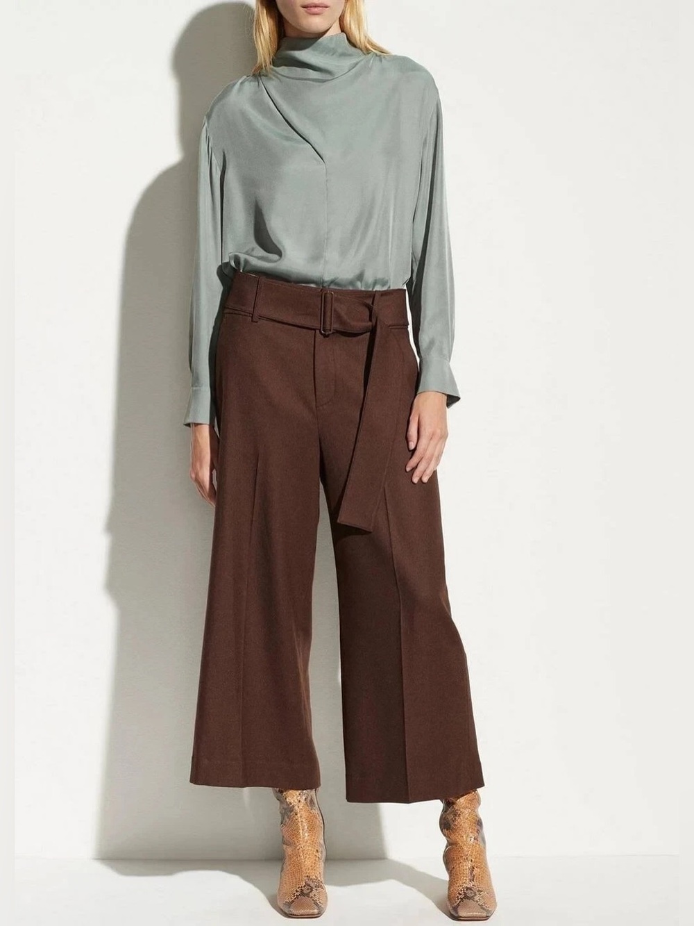 NWT $365 Vince Belted Wide Leg Wool-blend Culottes in Hickory